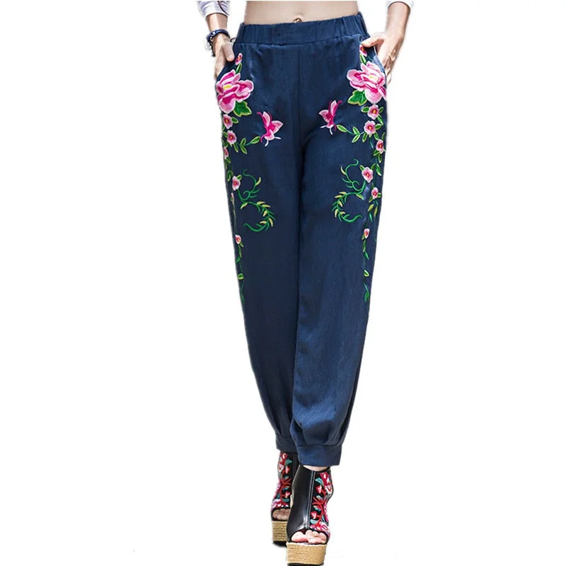 2019 Summer Fashion Embroidery Pants Women Vintage Harajuku Brand Elegant Ladies Trousers Casual Wide Leg Pants Woman Clothes