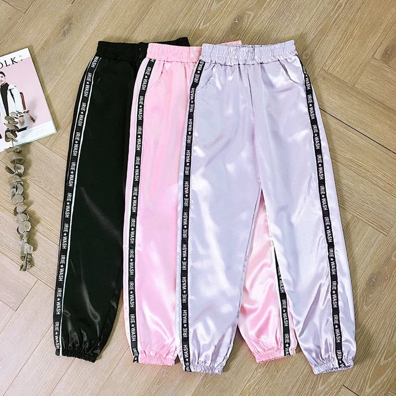 2020 Women Summer Big Pocket Satin Highlight Harem Pants Women Glossy  Ribbon Trousers  Harajuku Joggers Women's Loose Pants