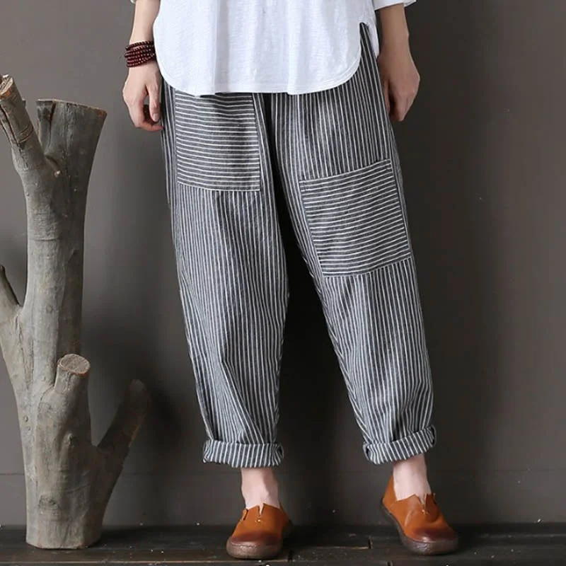 5XL Plus Size ZANZEA Women Striped Pants Elastic Waist Cotton Linen Pantalon Loose Long Harem Trousers Casual Baggy Streetwear