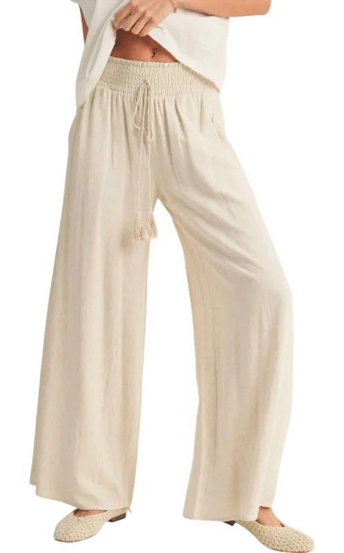 Cotton Linen Smocked Waist Pants In Sand