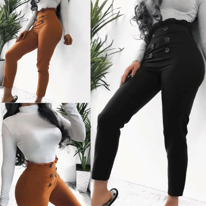 Hot UK Women Casual Buttons Solid Long Length Button High Waist Loose Summer Style Office Work Wear Pant Trouser