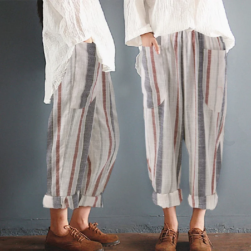 Plus Size Cotton Linen Trousers Women Summer Loose Harem High Waist Stripe Pocket Pant Casual Pantalon Female Sweatpants Trouser