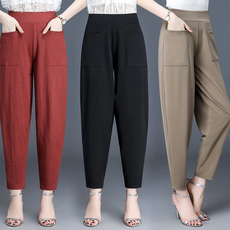 Spring Summer women pants Fashion Ankle-length loose Harem pants soft High waist elasticity Solid color leisure Corduroy pants