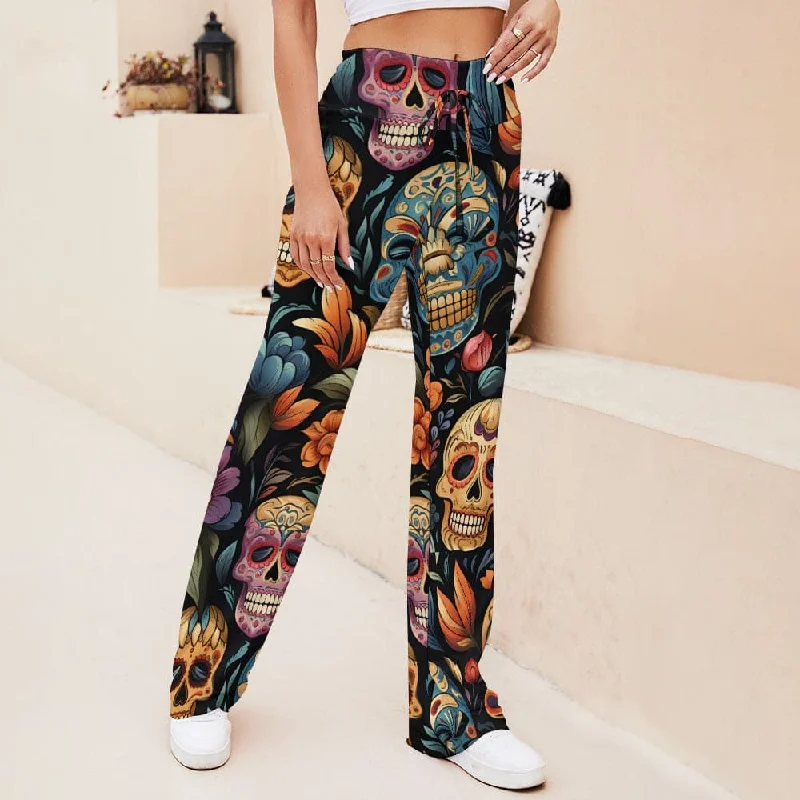 Sugar Skulls Straight Lace-Up Yoga Pants