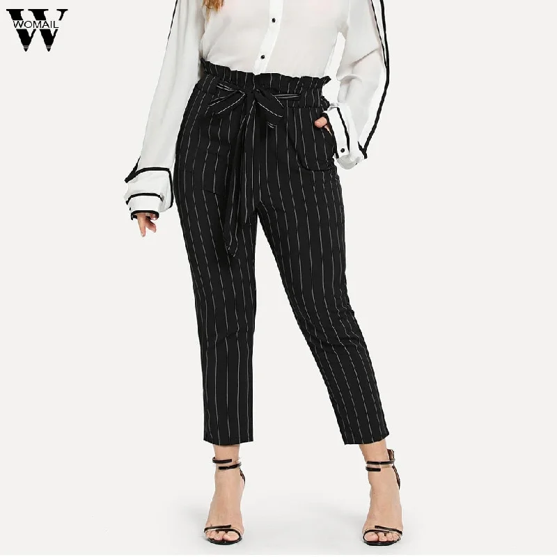 Womail Plus Size Women Pants High Waist Stripe Printed Black Bandage Fashion Casual Trousers Pencil Pants JULY09 pantalon femme