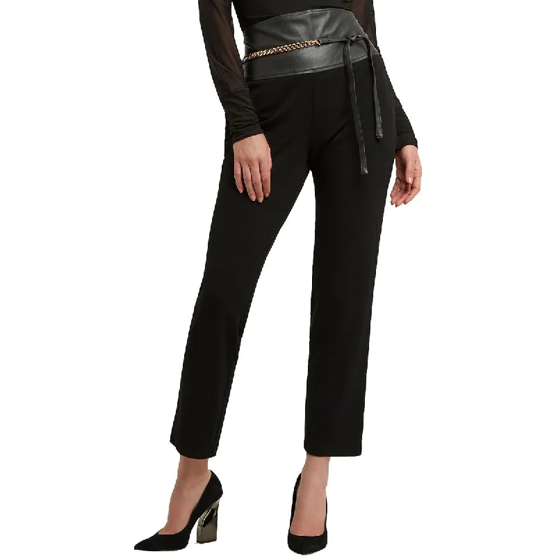 Womens Faux Leather Trim Belted Straight Leg Pants