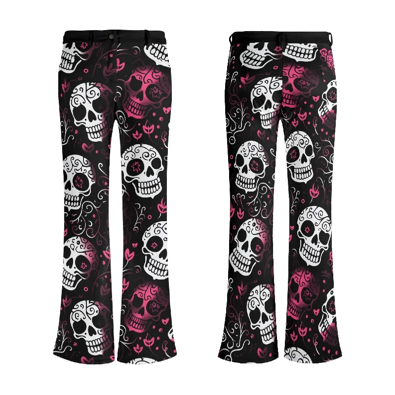 Womens Pink & White Skulls Print Elegant Flare Pants