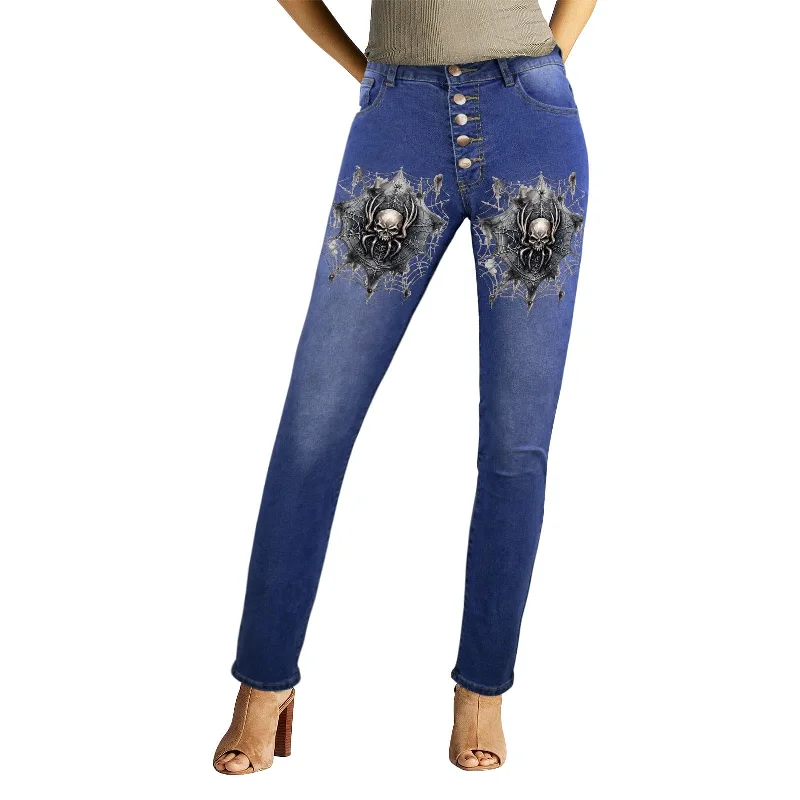 Women's Spider Skull Button Closure Jeans