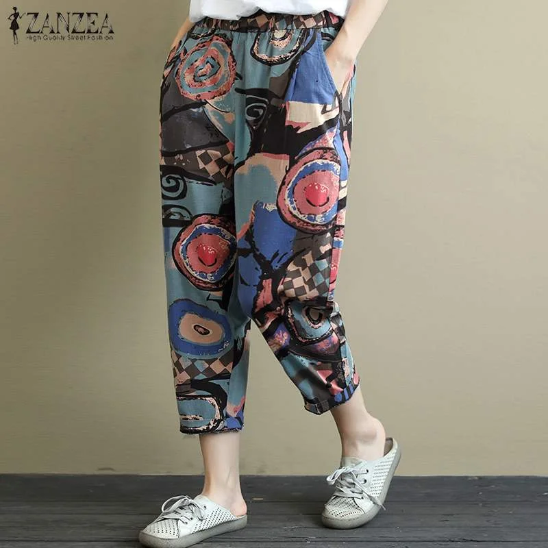 ZANZEA Vintage Printed Harem Pants Women Trousers Casual Elastic Waist Cotton Linen Turnip Pants Loose Pantalon Plus Size Pants