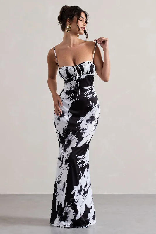 Casablanca | Monochrome Floral Print Satin Sweetheart Maxi Dress