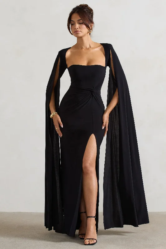 Claretta | Black Square Neck Twisted Maxi Dress With Cape Sleeves