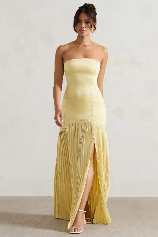 Confidence | Lemon Satin Bandeau Pleated Split Maxi Dress