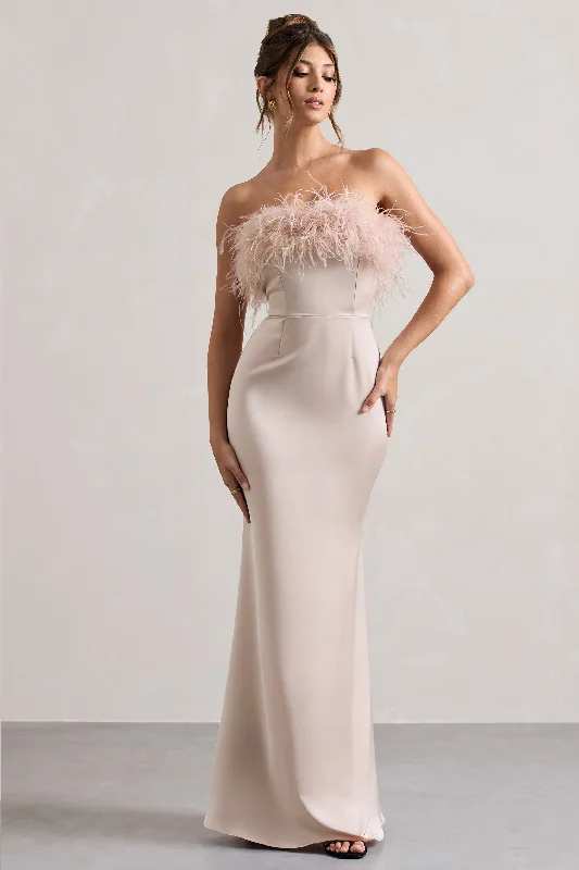 Dress For It | Champagne Satin Strapless Feather Trim Maxi Dress