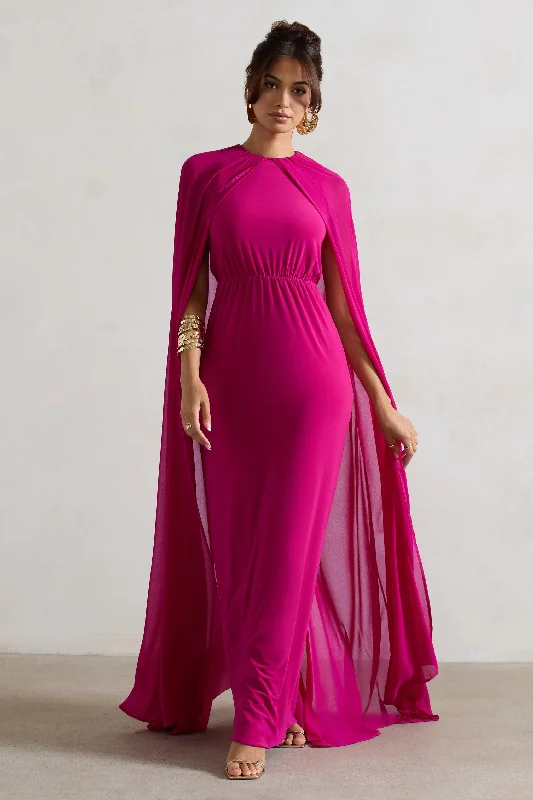 Envy | Pink High-Neck Maxi Dress With Chiffon Cape