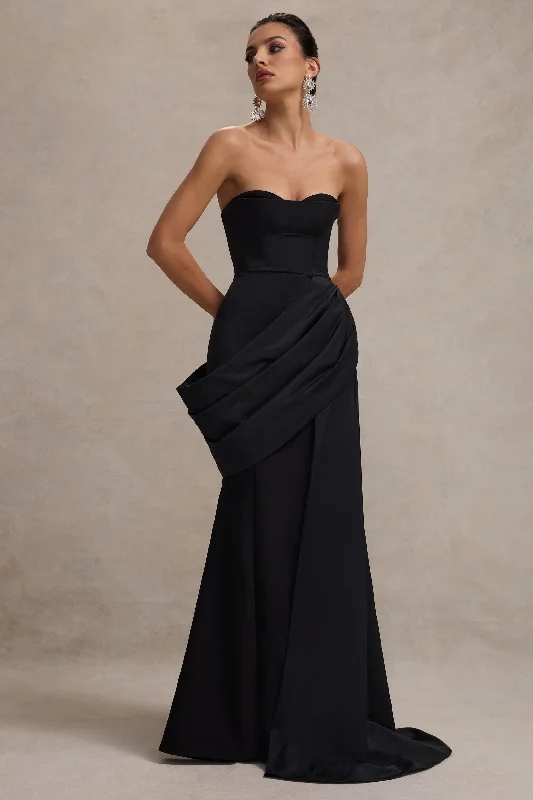 Fallen | Black Strapless Corset Maxi Dress With Drape