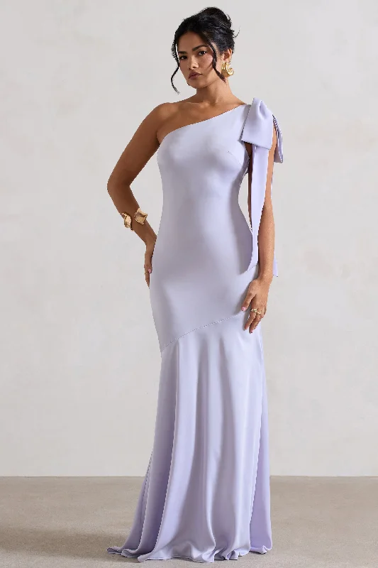 Here For Love | Lilac Satin Asymmetric Maxi Dress With Bow