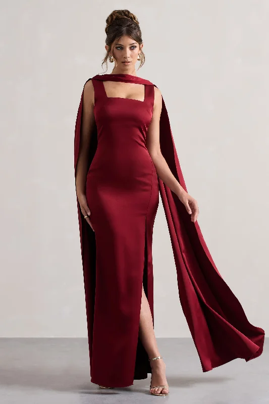 Intuition | Burgundy Satin Square-Neck Split Maxi Dress With Scarf