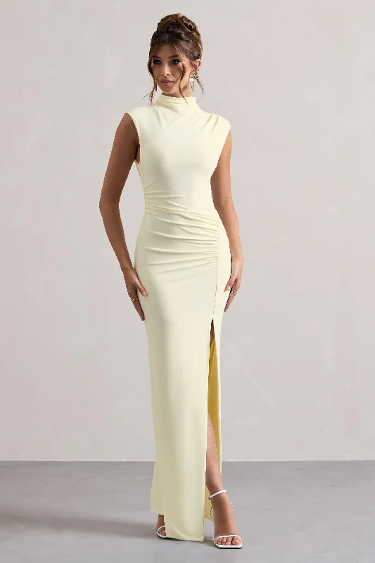 Lanetta | Cream Ruched High-Neck Maxi Dress With Split