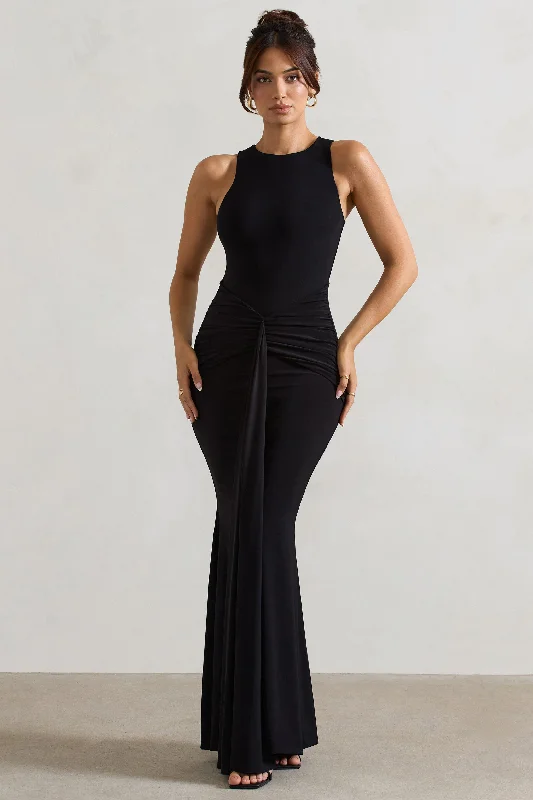 Maren | Black Racer-Neck Gathered Maxi Dress With Drape