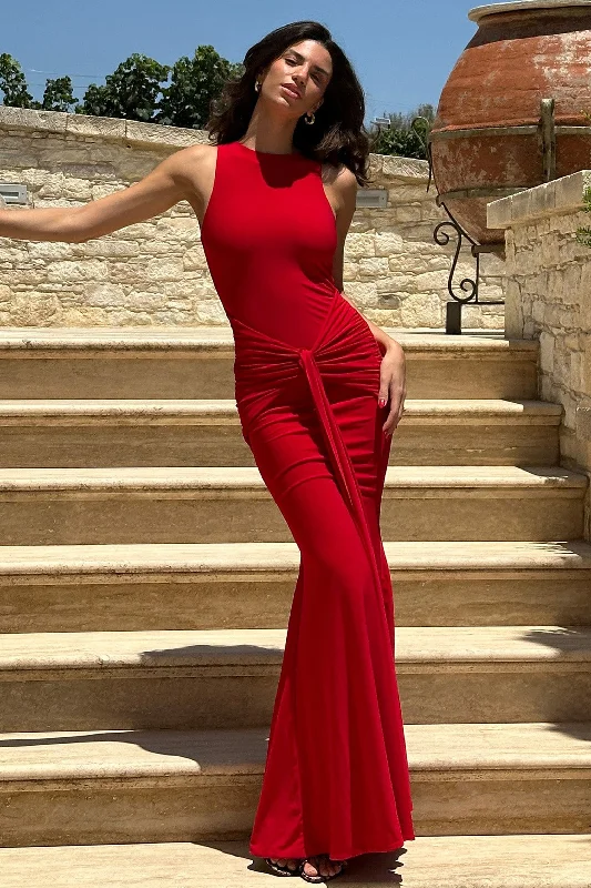 Maren | Red Racer-Neck Gathered Maxi Dress With Drape