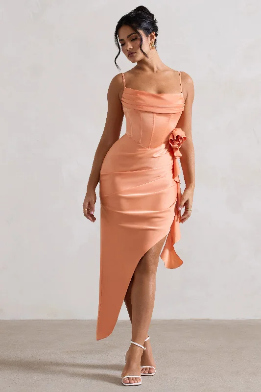 On The List | Peach Asymmetric Corset Maxi Dress With Floral Drape