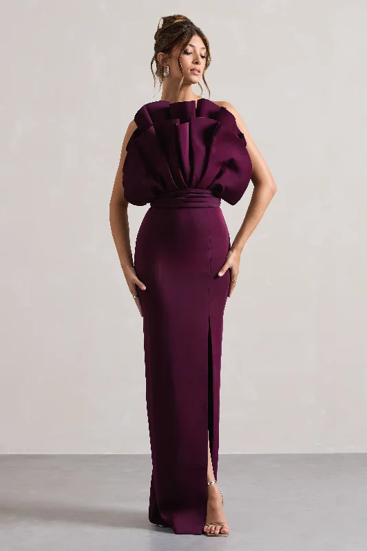 Set The Bar | Plum Ruffled Strapless Split Maxi Dress