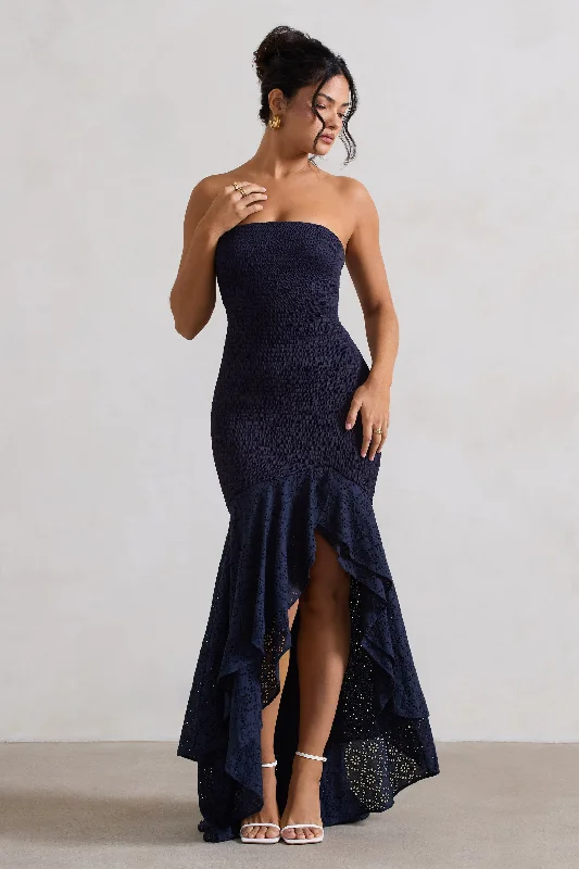 Solange | Navy Broderie Bandeau High-Low Maxi Dress