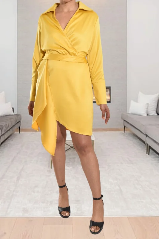 Mustard Satin Wrap Dress