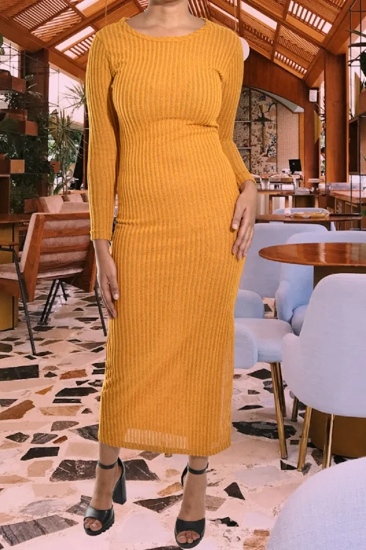 Mustard Ribbed Tie Up Dress