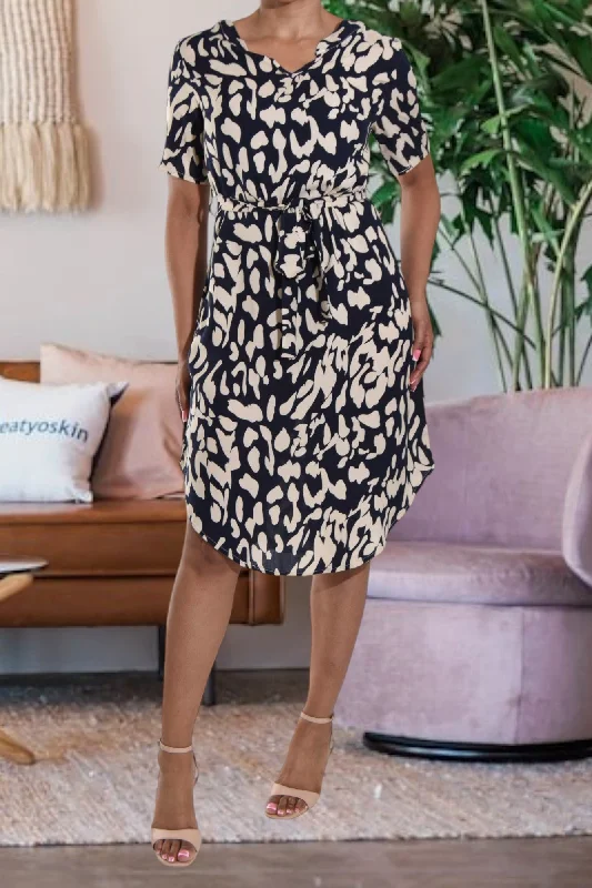 Navy Printed Tunic Tie Dress