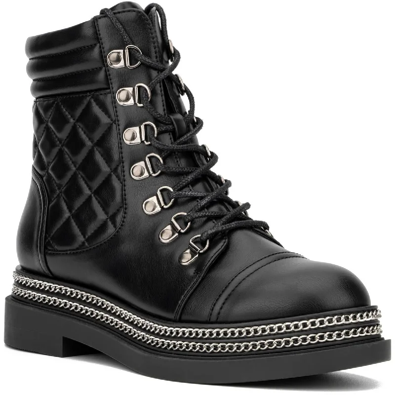 New York & Company Womens Katelynn Faux Leather Chain Combat & Lace-up Boots