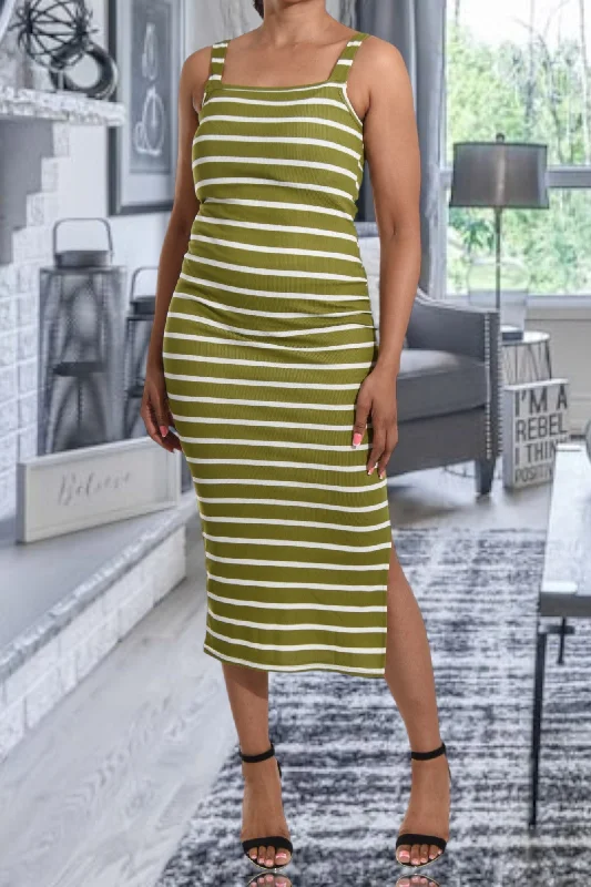 Olive Rib Bodycon Slit Dress