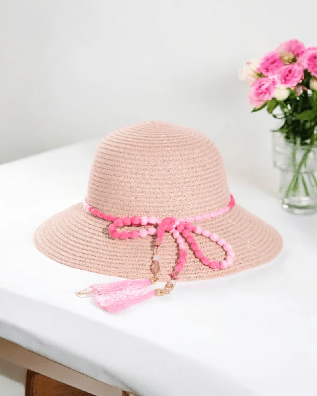 Pink Beaded Straw Hat