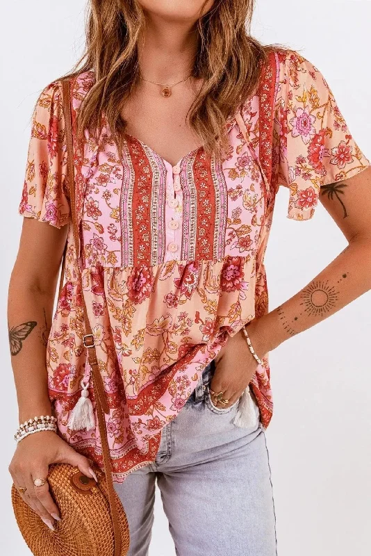 Floral Print Drawstring Buttoned V Neck Blouse