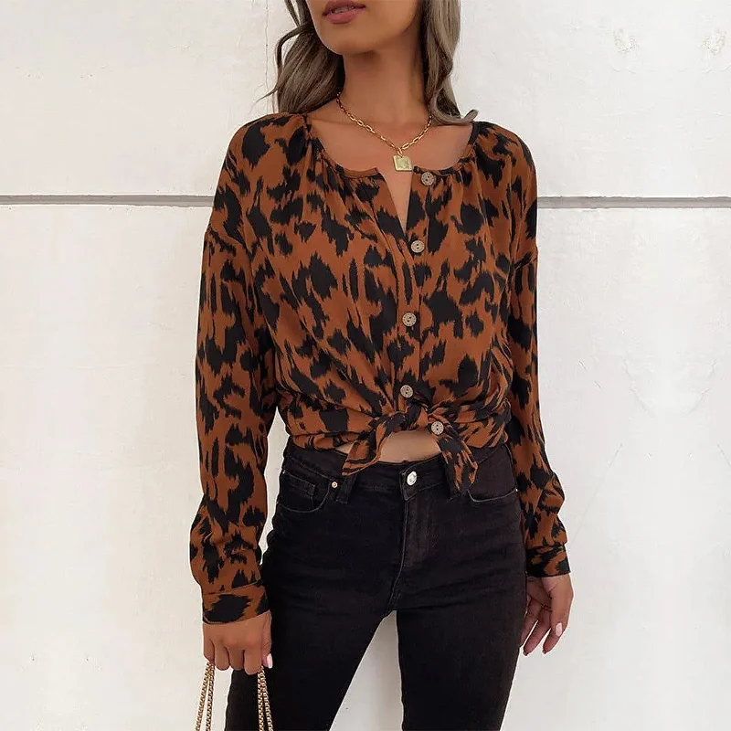 Brown Round Neck Button Down Leopard Blouse