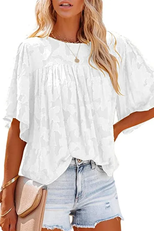 SHORT BELL SLEEVE LACE CUT OUT RUFFLED CHIFFON TOP