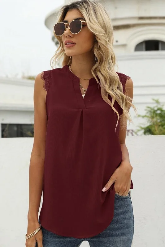 LACE SLEEVELESS FOLDED CHEST V NECK TUNIC TOP