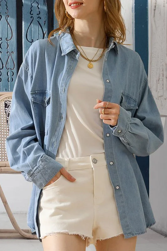 SIMPLE POKCET DENIM LONG SLEEVE SHIRTS