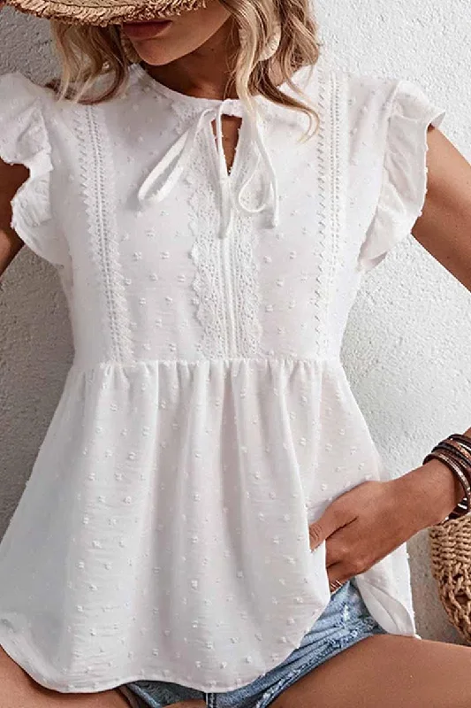 TIED NECK FLOUNCE SHORT SLEEVE CASUAL TOP