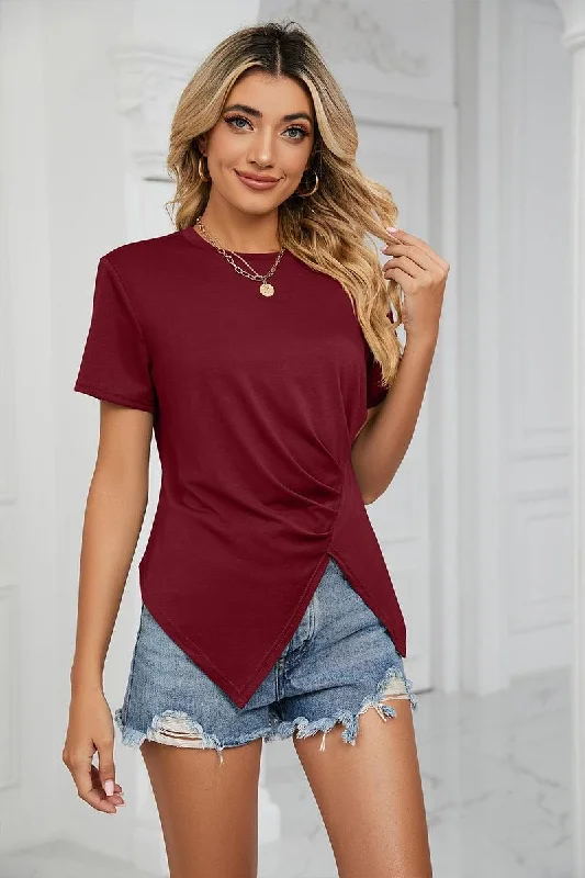 ROUND NECK RUFFLED SPLIT TOP