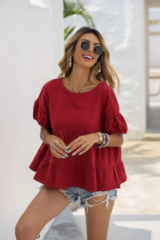 SLIT BACK SHORT PUFF SLEEVE CAKE RUFFLE TOP