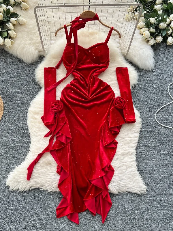 Elegant Red Velvet Sexy Club Dress