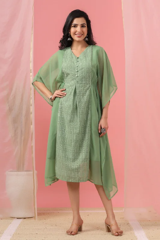 Juniper Sage Green Ethnic Motif Printed Georgette Kaftan With Thread Work Embroidery