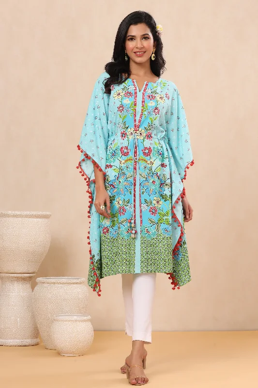 Juniper Sky Blue Floral Printed Calf-Length Rayon Kaftan.