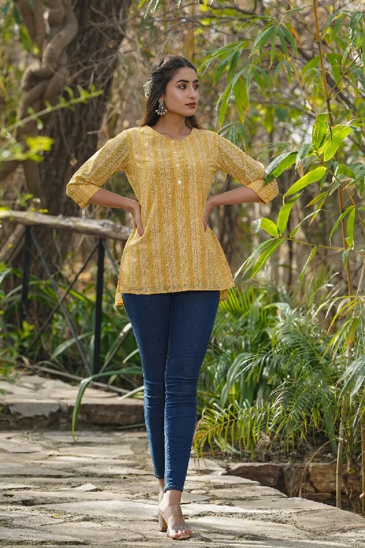 Juniper Yellow Ethnic Motif Printed Georgette High-Low Tunic.