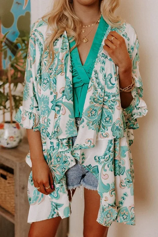 Open Front 3/4 Sleeves Paisley Print Kimono