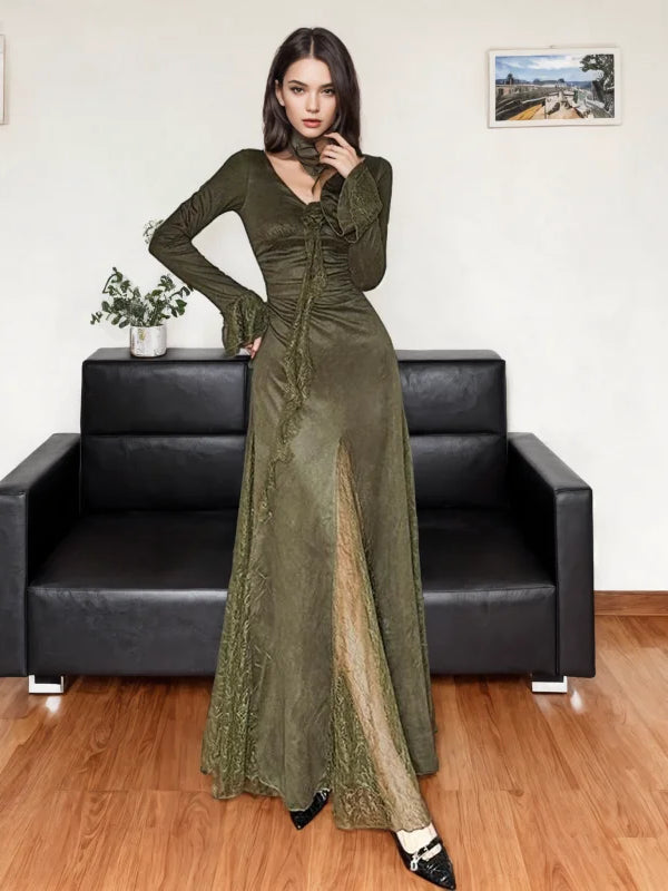 Lace Side Slit Long-Sleeve Green Dress