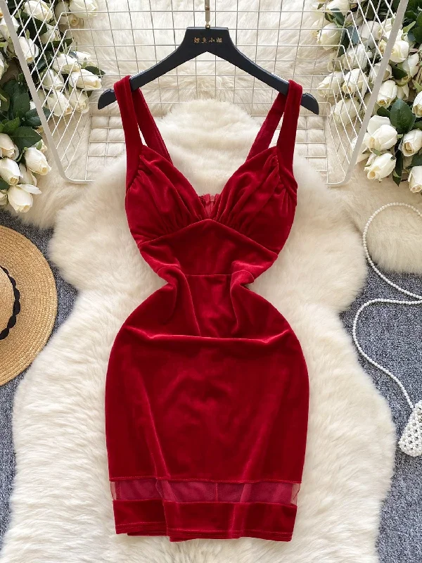 Mesh Wide Straps Red Velvet Bodycon Dress