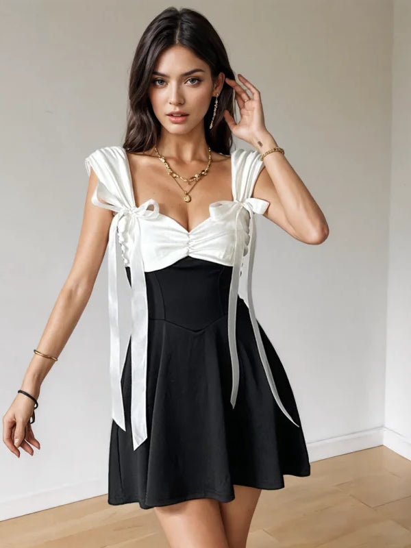 Ribbon Bow Black White Off-Shoulder Dress