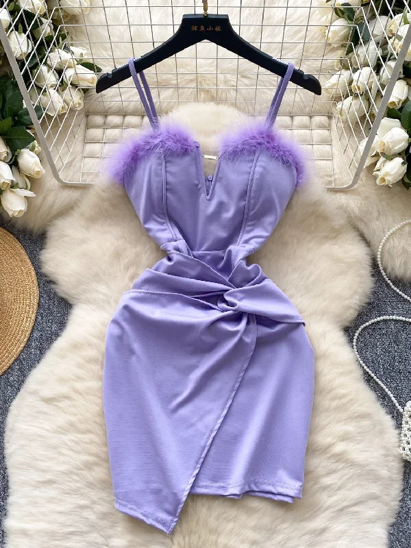 Sexy Lavender Feather-Trimmed Evening Dress